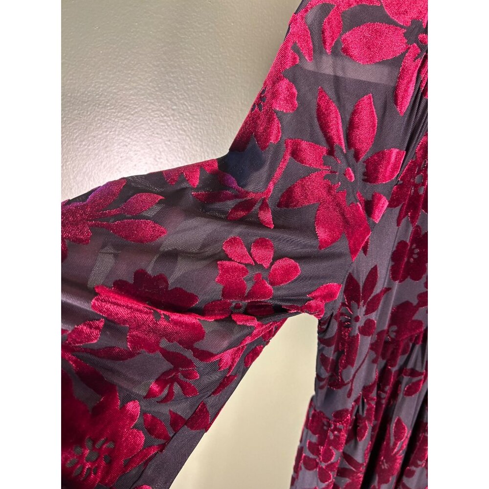 Taylor Sz 4 Floral Burnout Velvet Dress Tiered Black & Burgundy Oversized Goth - Picture 5 of 12